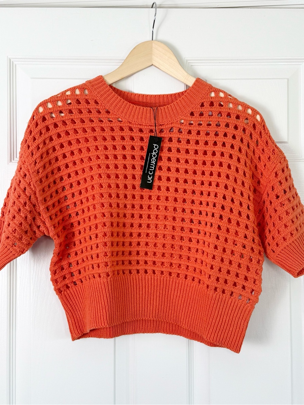 NWT Papermoon Orange Open Knit Crocheted Cropped Sweater Medium